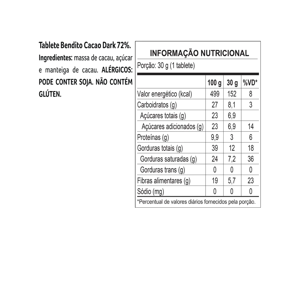 Tablete Bendito Cacao de Chocolate 72% Cacau 30g - foto 2