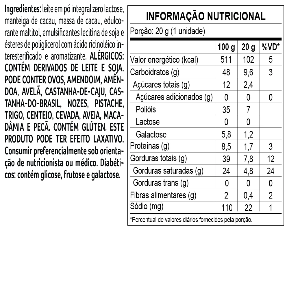 Tablete Bless Zero Açúcar e Zero Lactose de Chocolate ao Leite 20g - foto 2