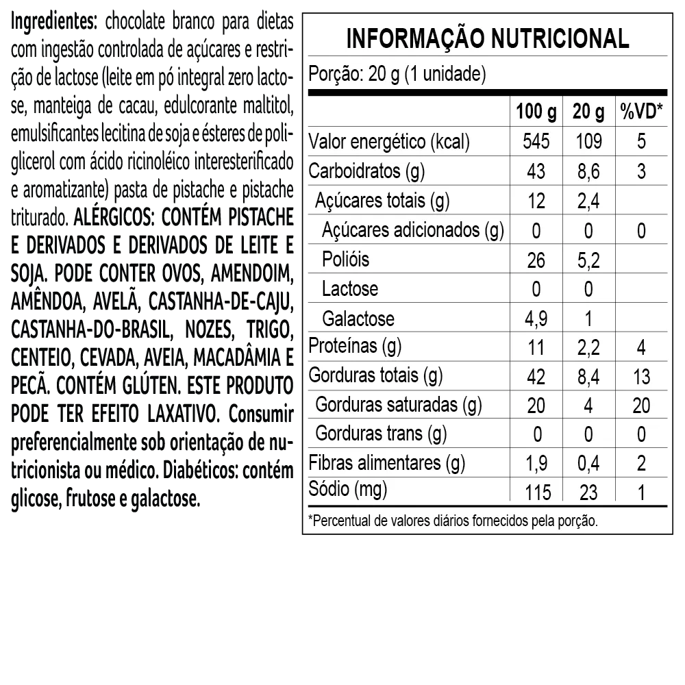Tablete Bless Zero Açúcar e Zero Lactose de Chocolate Branco com Pistache 20g - foto 2