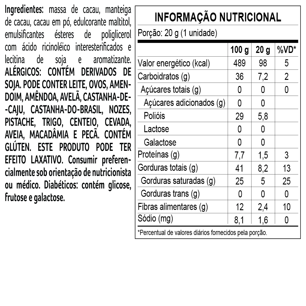 Tablete Bless Zero Açúcar e Zero Lactose de Chocolate 70% Cacau 20g - foto 2